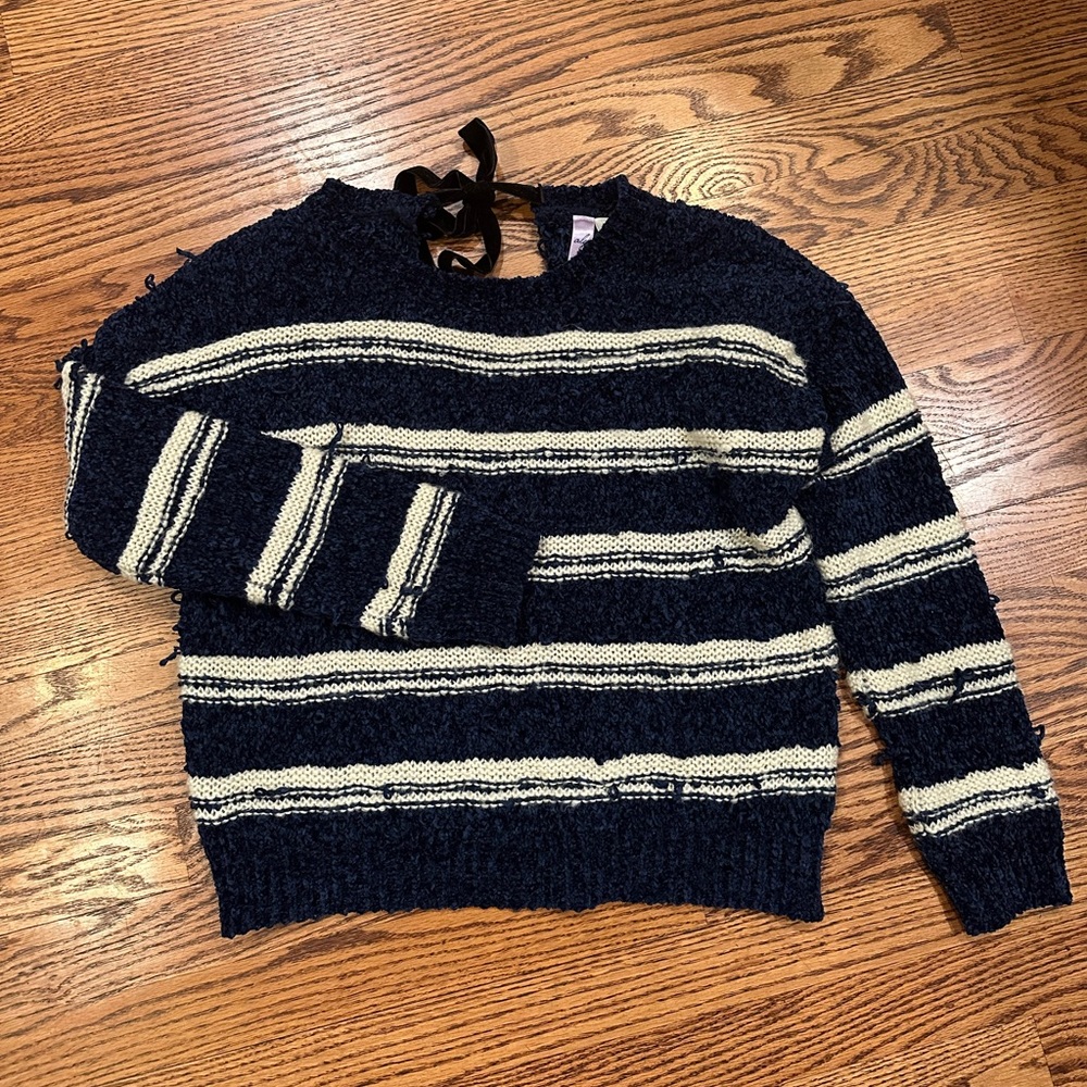 Women’s Navy and Cream Chenille Textured Stripe Sweater